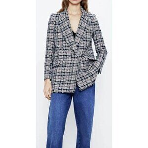 New ZARA Textured Tweed Double Breasted Checked Blazer Jacket - Spain